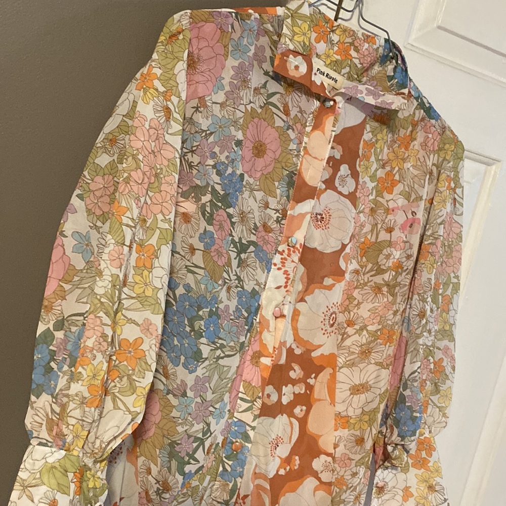 Pink Ripple Sheer Floral Shirt Dress